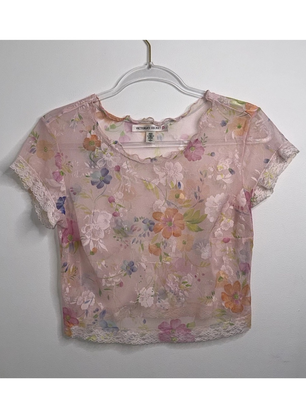 Vintage Y2K Women's S Victoria Secret See Through Floral Lace Cropped 2000s Top